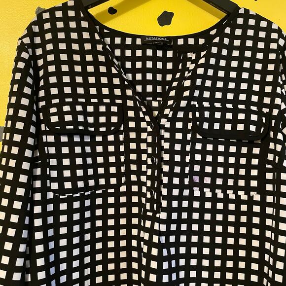 Black & White Grid Print Blouse | Roll Tab Sleeve | Minimalist Chic - Picture 3 of 6